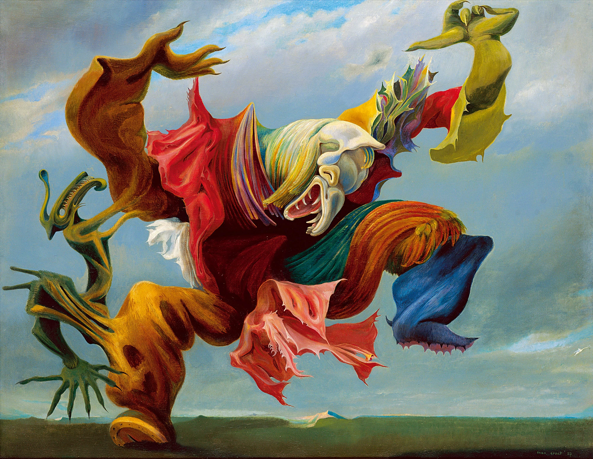 A surreal, vividly colored creature suspended against a pale sky.